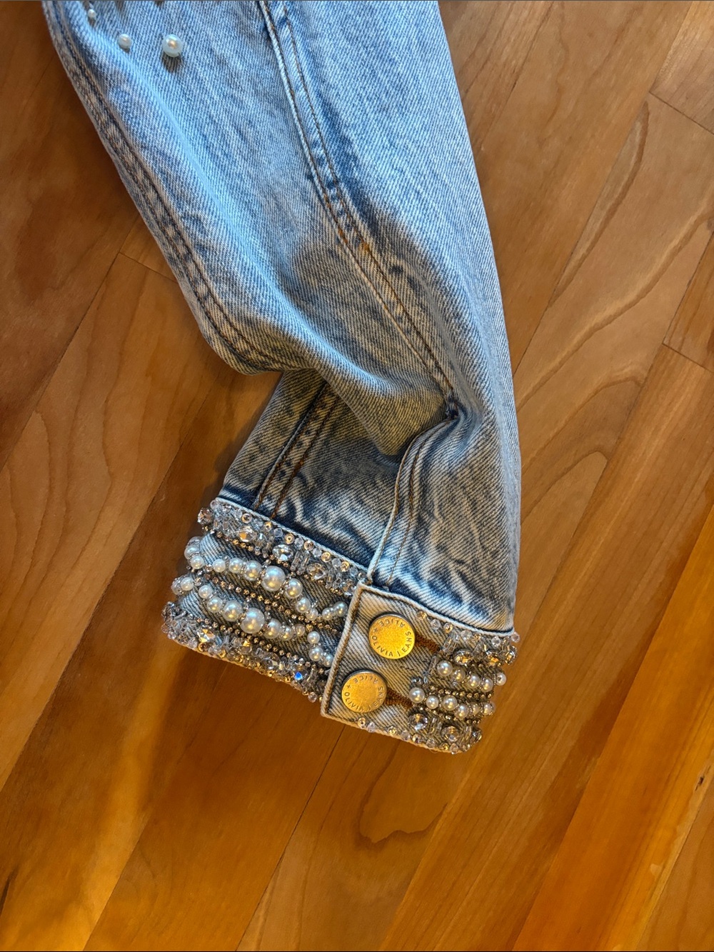 Alice + Olivia Light Blue Pearl-Embellished Denim Jacket - Picture 16 of 16